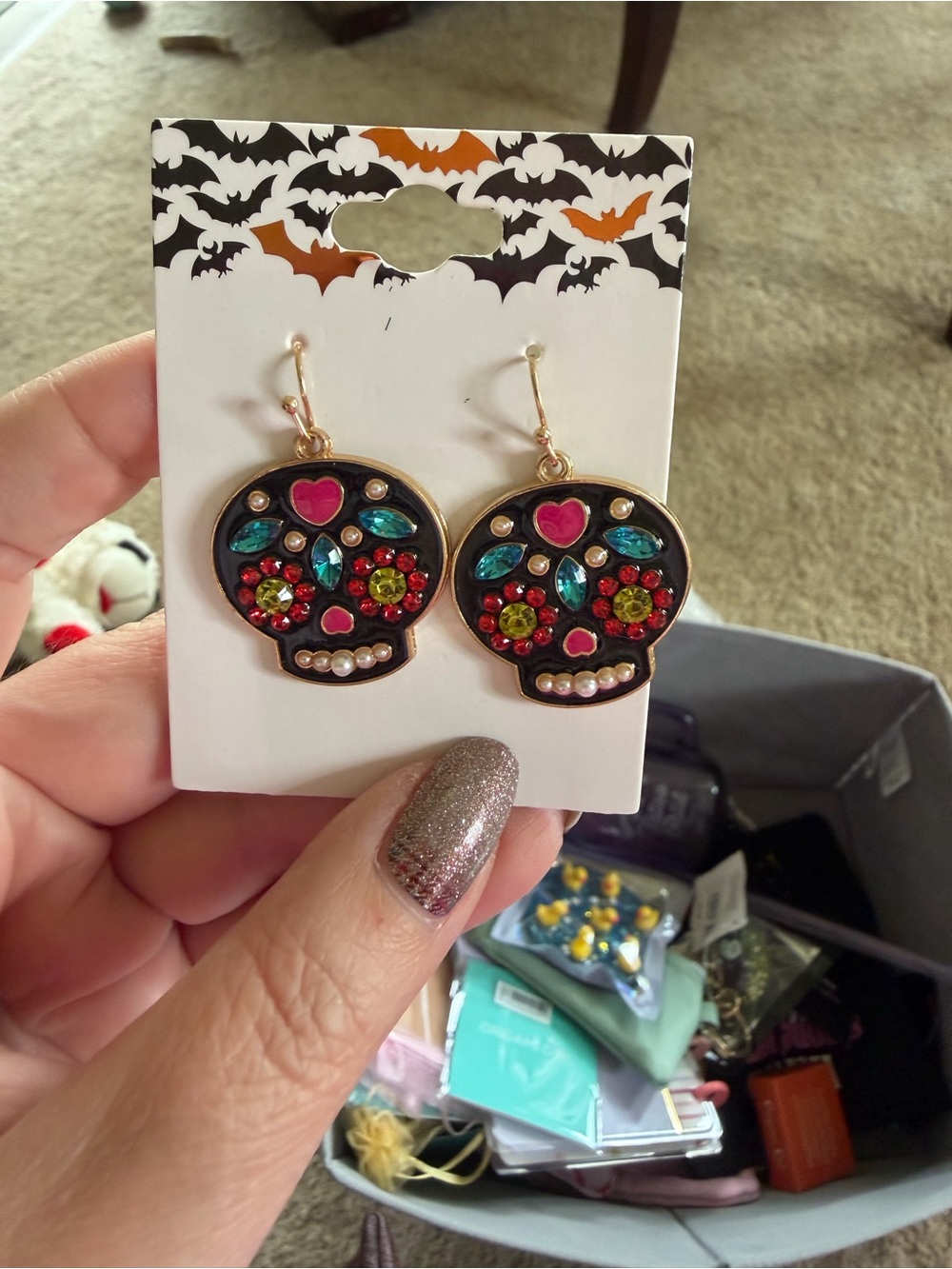 Festive Black Sugar Skull Drop Earrings with Multicolor Crystals